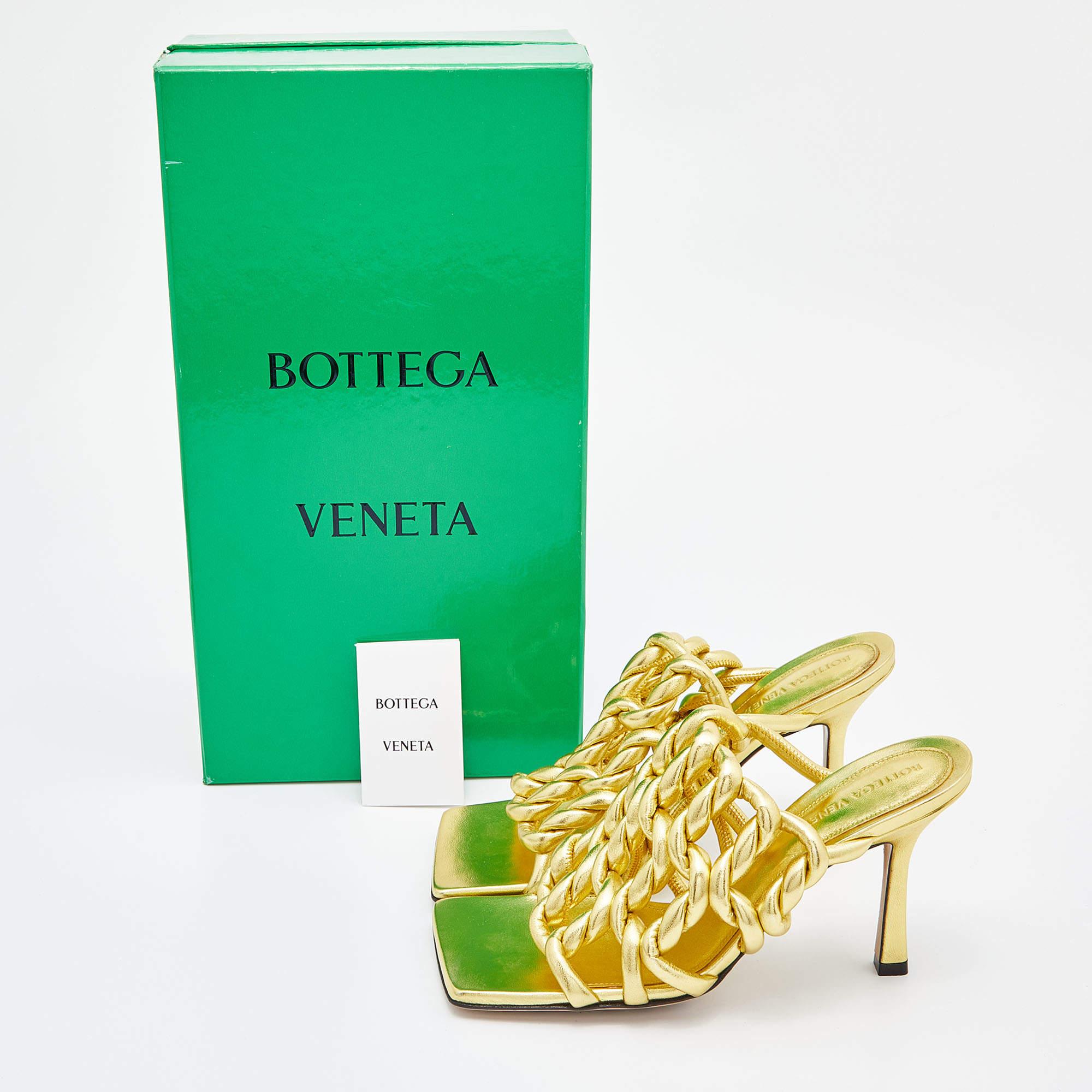 Bottega Veneta Gold Laminated Leather Stretch Twist Kitten Heel Mules Size 36.5 3