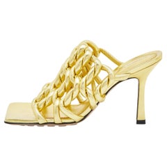 Bottega Veneta Gold Laminated Leather Stretch Twist Kitten Heel Mules Size 36.5