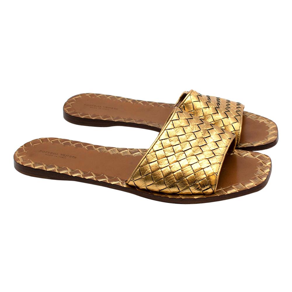 Bottega Veneta Gold Leather Intrecciato Flat Sandals - Size EU 41