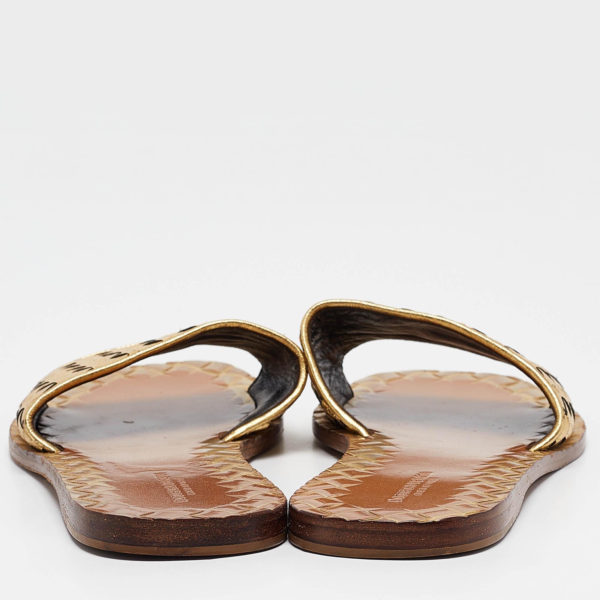 Bottega Veneta Gold Leather Intrecciato Flat Slides Size 36.5 1