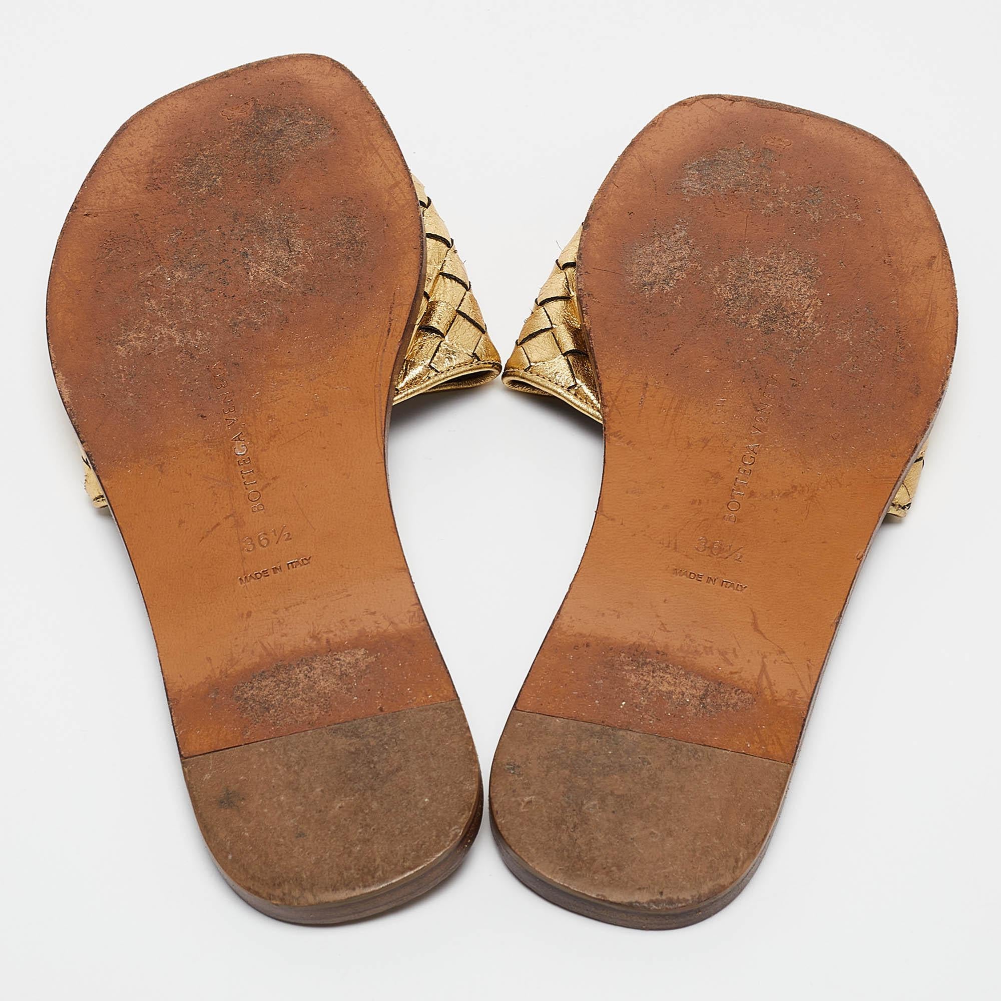 Bottega Veneta Gold Leather Intrecciato Flat Slides Size 36.5 2