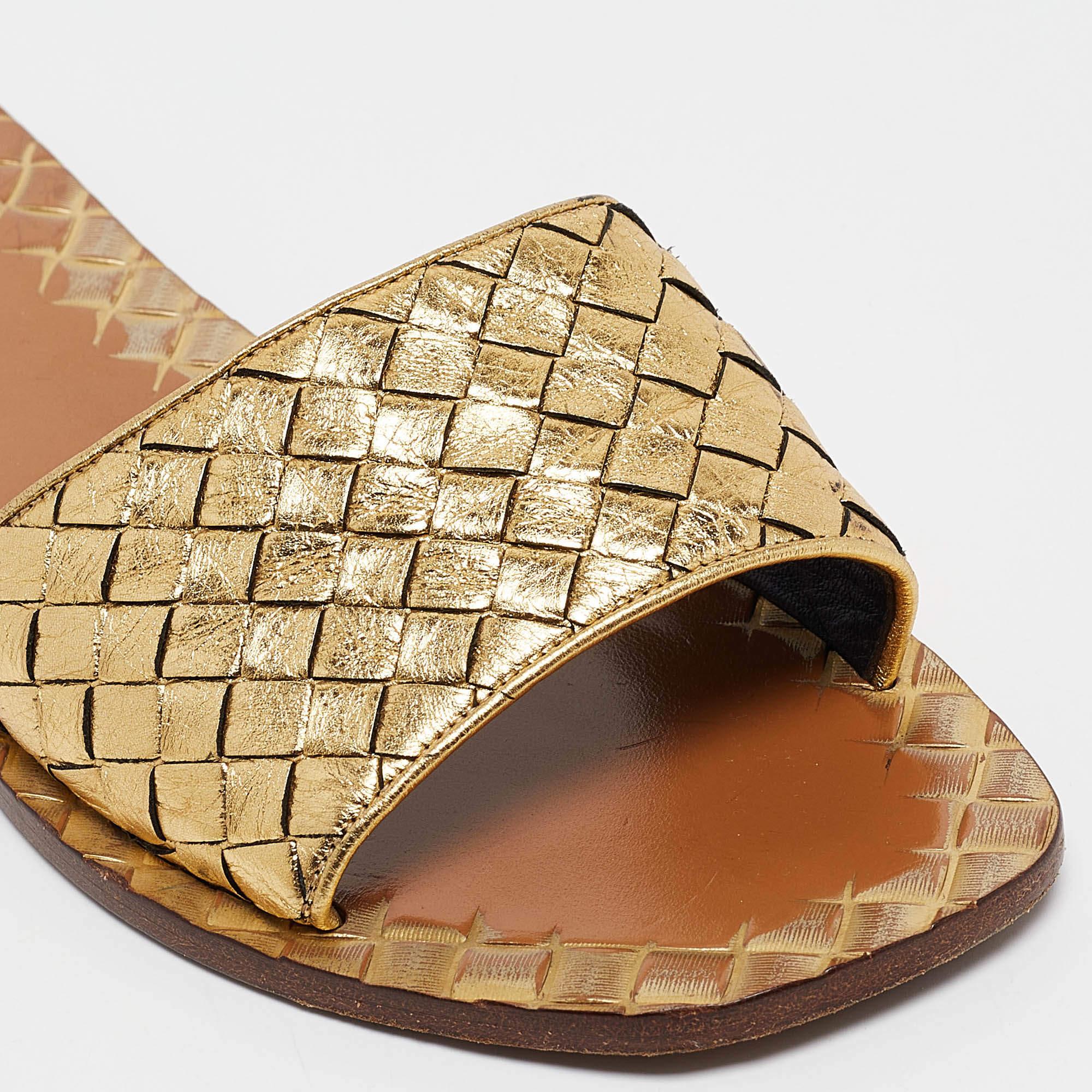 Bottega Veneta Gold Leather Intrecciato Flat Slides Size 36.5 3