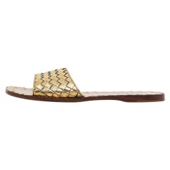 Bottega Veneta Gold Leather Intrecciato Flat Slides Size 36.5