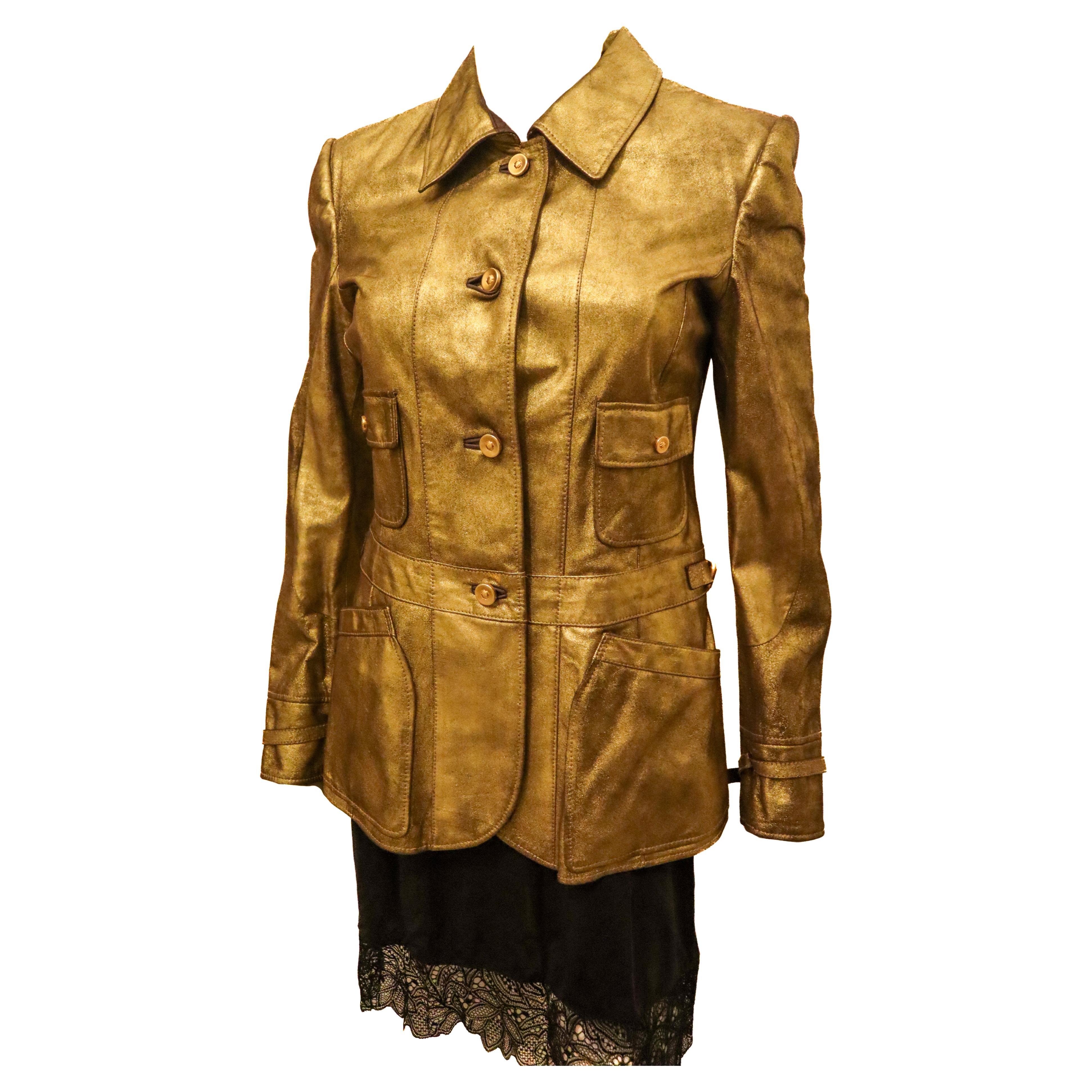 Bottega Veneta Gold Leather Jacket For Sale