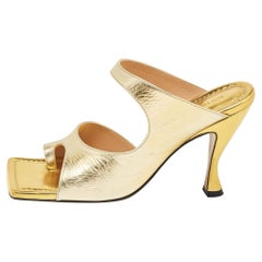 Bottega Veneta Gold Leather Square Toe Slide Sandals Size 37
