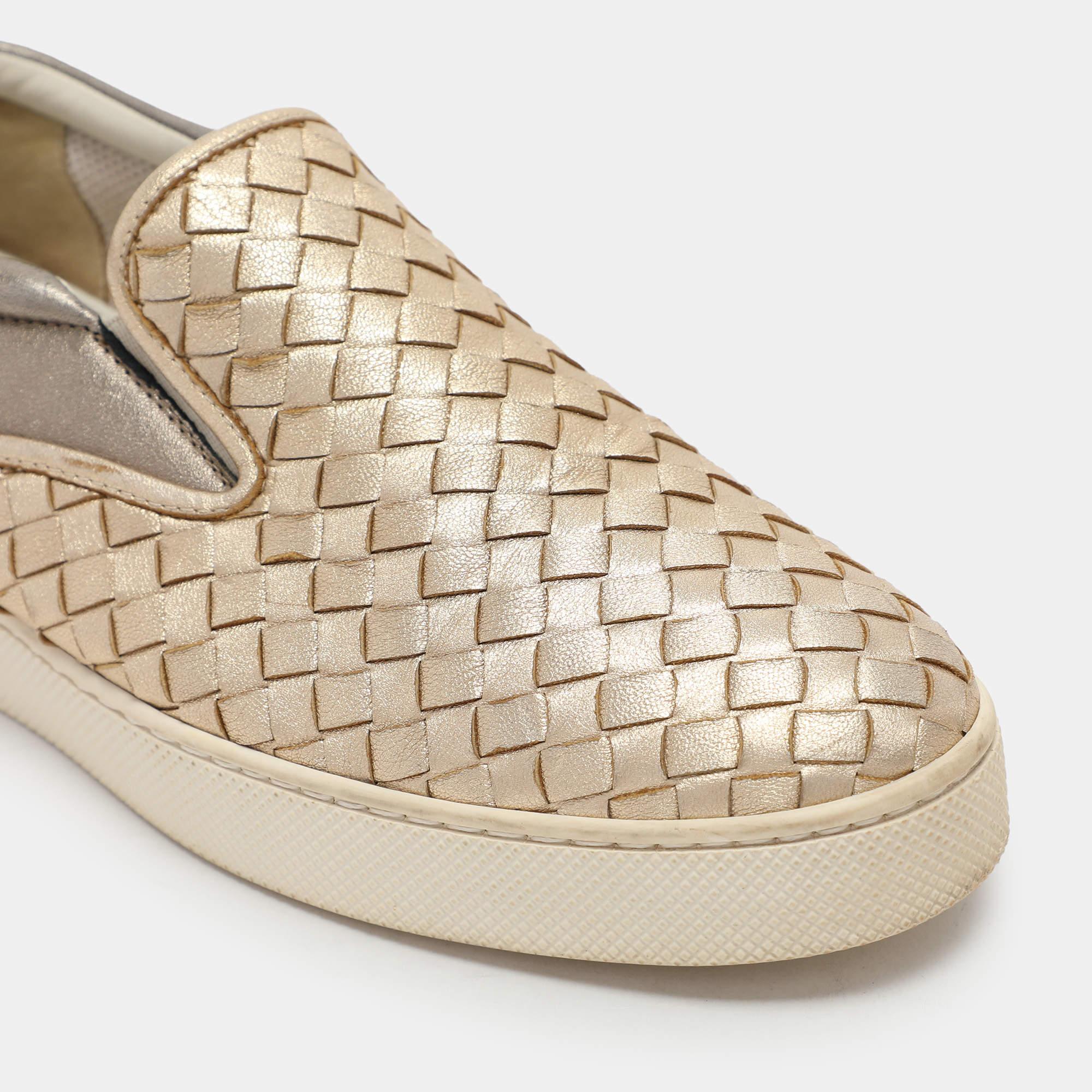 Bottega Veneta Gold/Silber Intrecciato Leder Dodger Slip On Turnschuhe Größe 40 im Angebot 2