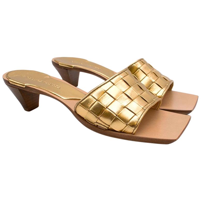 Bottega Veneta Gold Tone Intrecciato Square Sandals 39