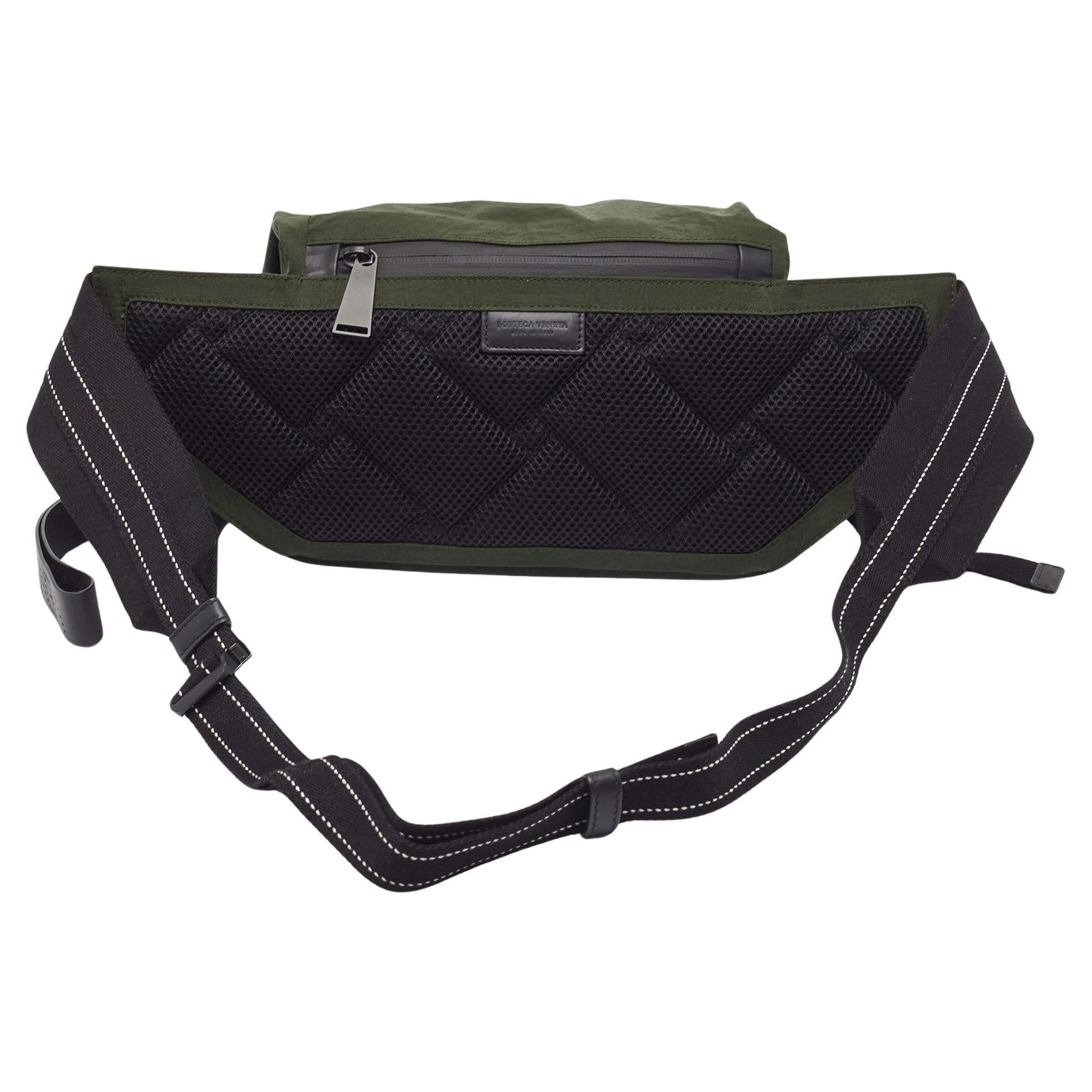 Bottega Veneta Green/Black Nylon and Mesh Foldable Belt Bag For Sale