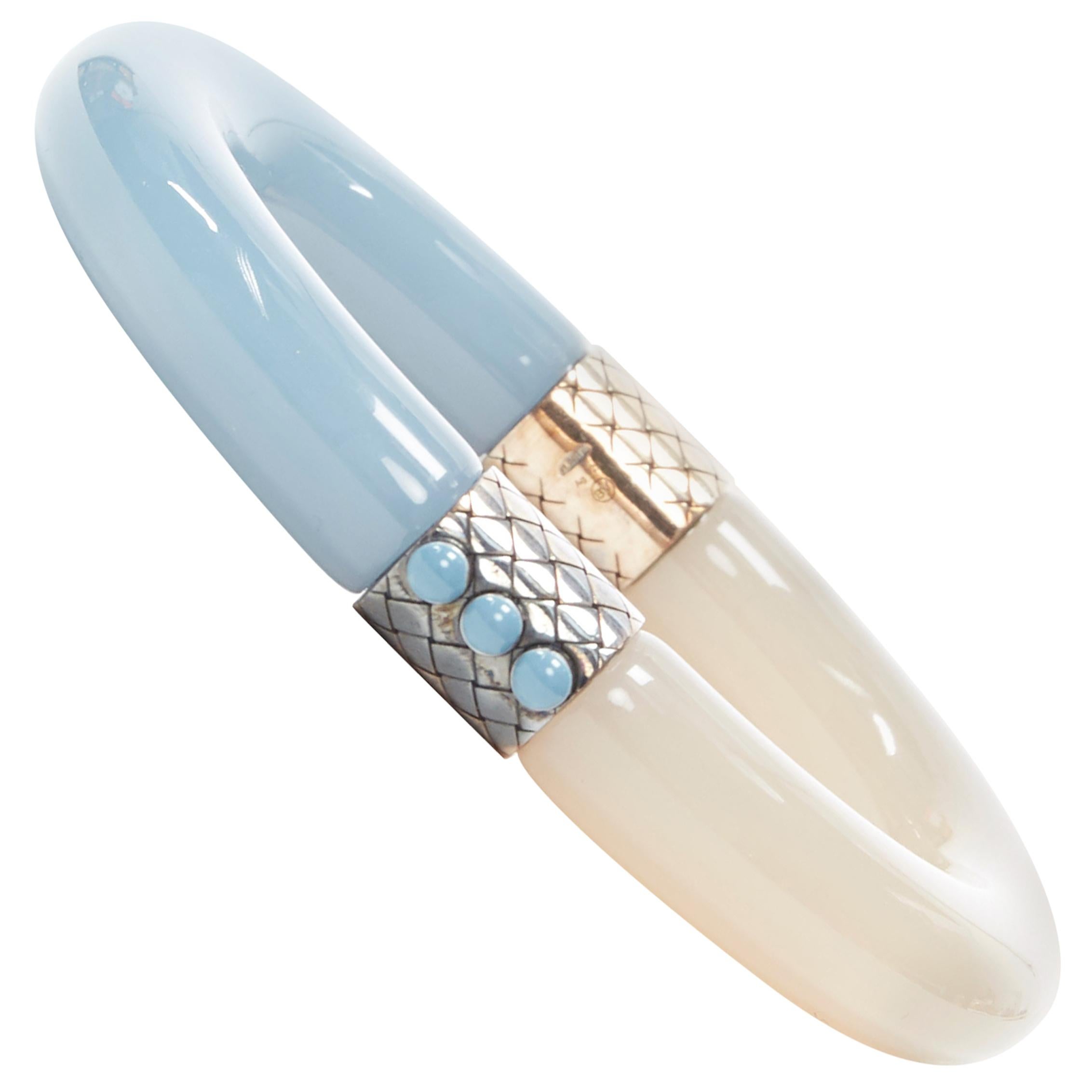 BOTTEGA VENETA green blue bi-color resin plastic intrecciato silver cuff bangle