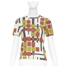 Jersey corto de cachemira de Bottega Veneta, verde y marrón, con cuello redondo y estampado gráfico, talla IT38 X