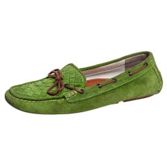 Bottega Veneta Green/Brown Intrecciato Suede Bow Slip On Loafers Size 38.5