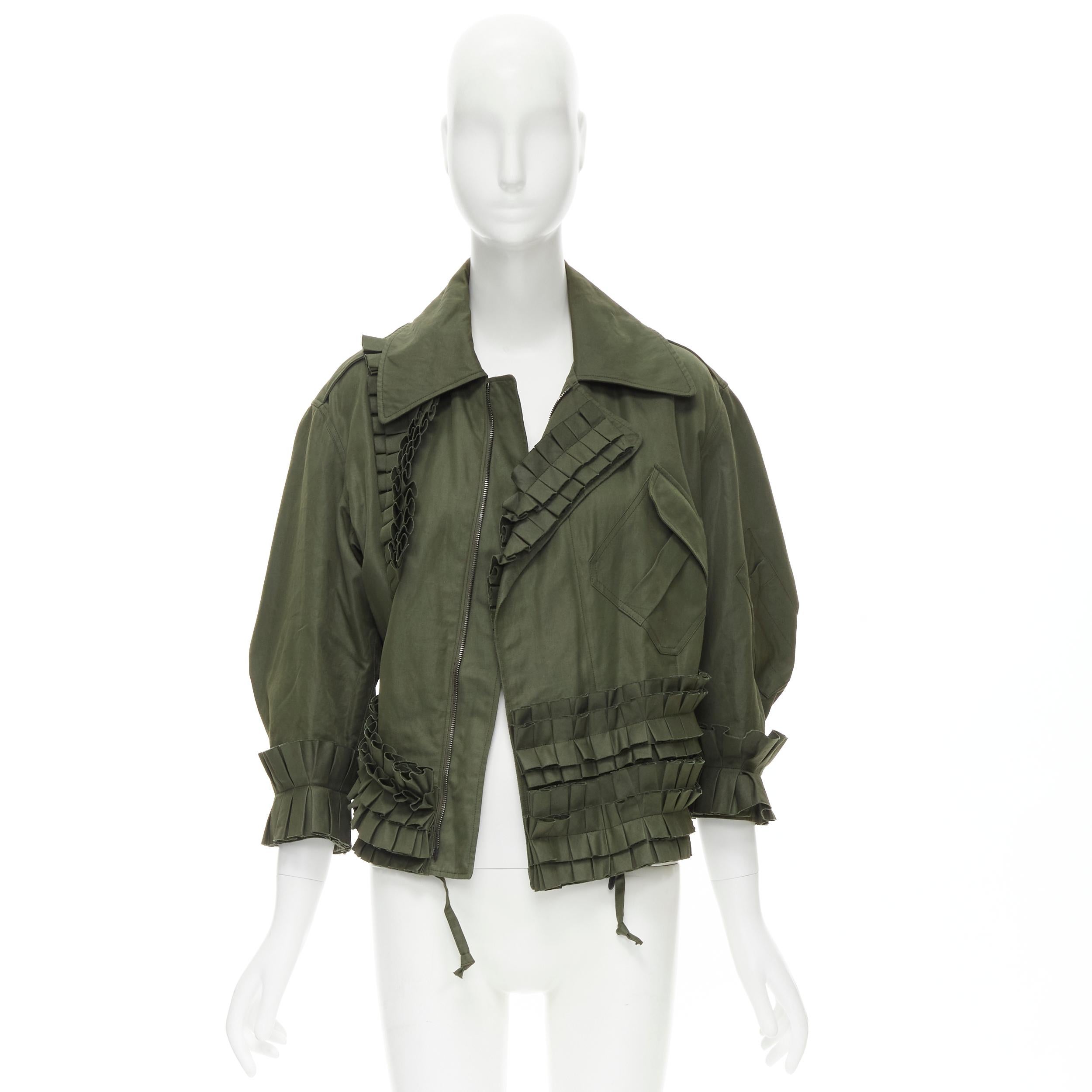 BOTTEGA VENETA green cotton pleated ruffle trim military jacket IT36 XS 4