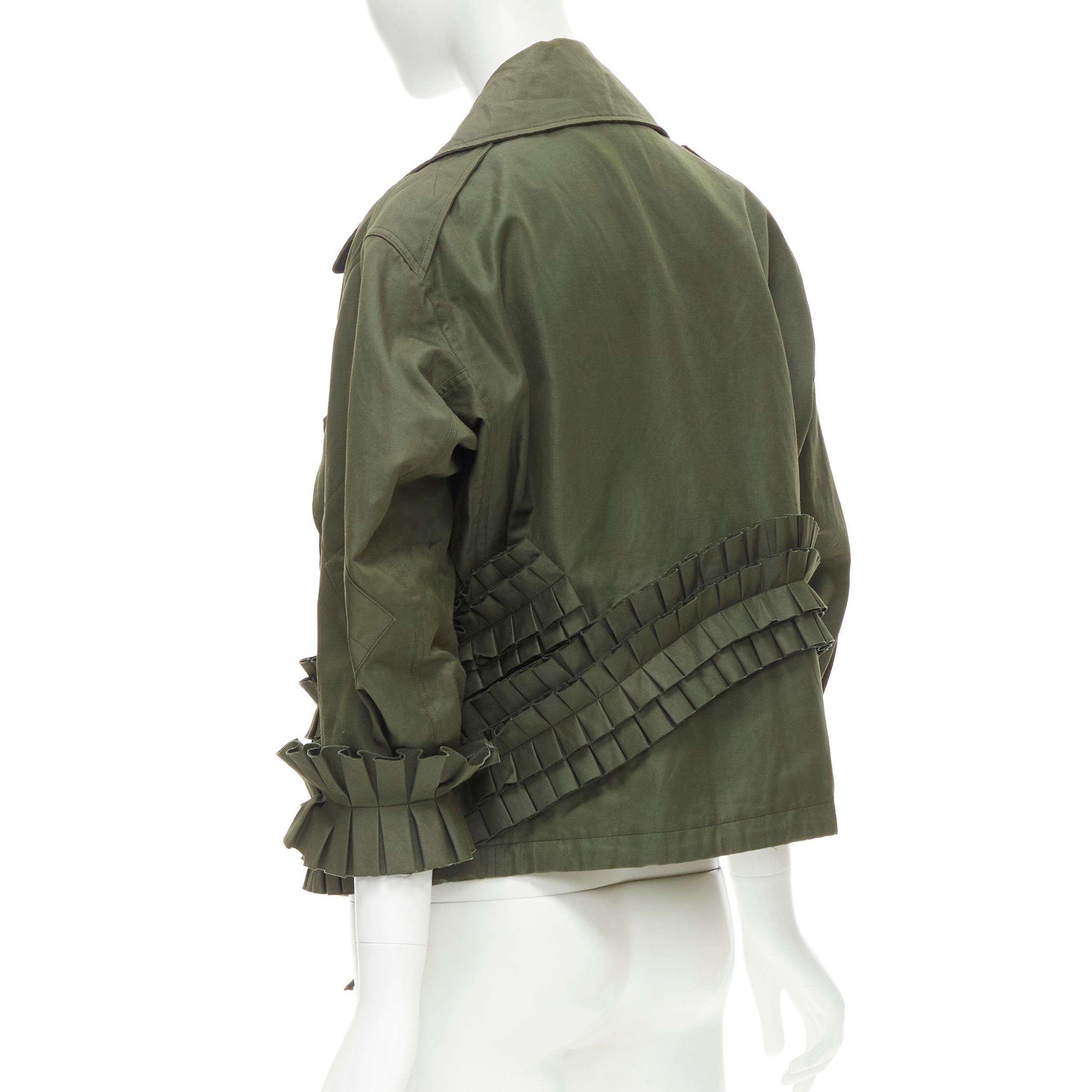 Black BOTTEGA VENETA green cotton pleated ruffle trim military jacket IT36 XS