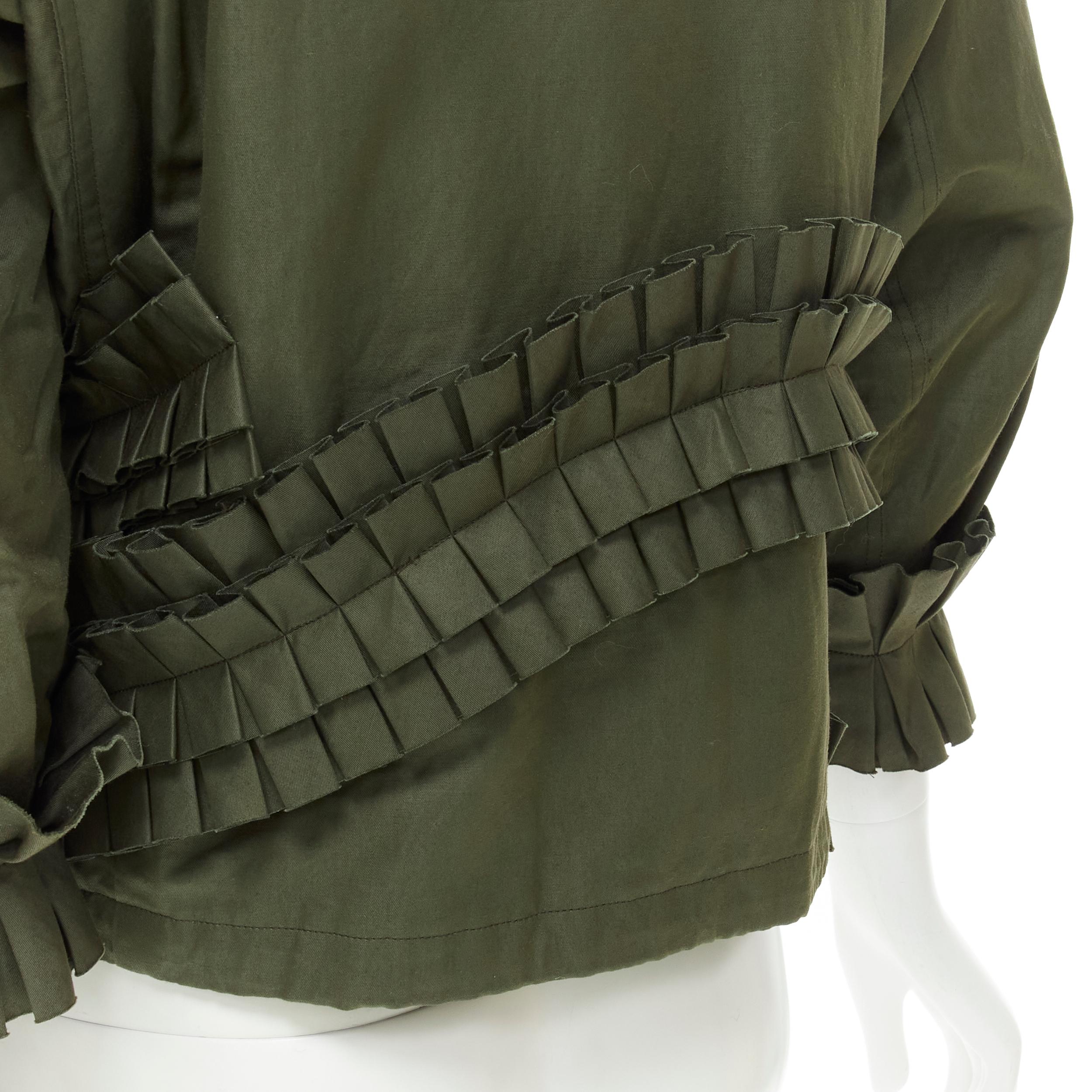 Women's BOTTEGA VENETA green cotton pleated ruffle trim military jacket IT36 XS