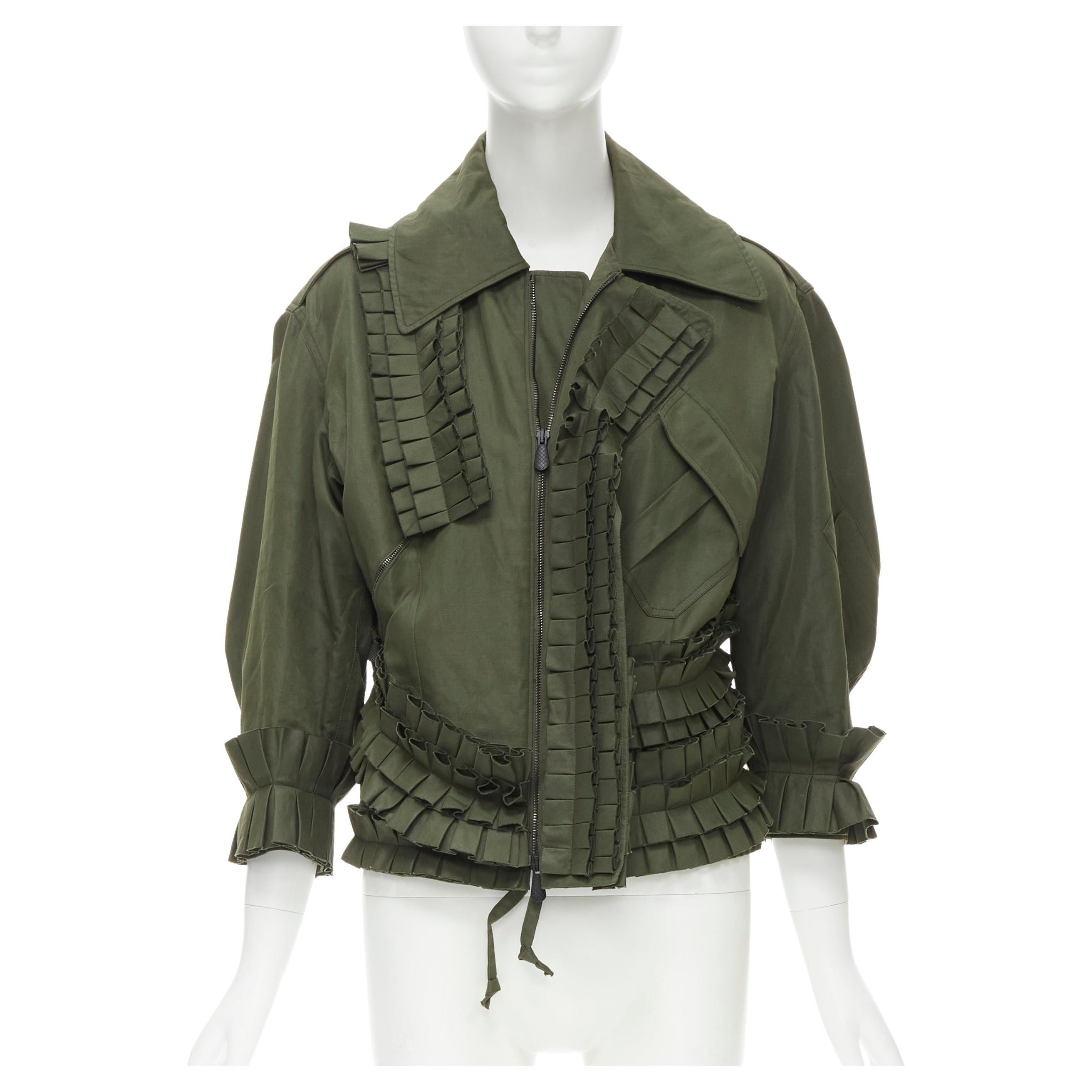 BOTTEGA VENETA green cotton pleated ruffle trim military jacket IT36 XS
