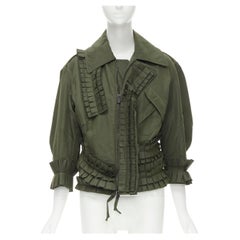 BOTTEGA VENETA green cotton pleated ruffle trim military jacket IT36 XS