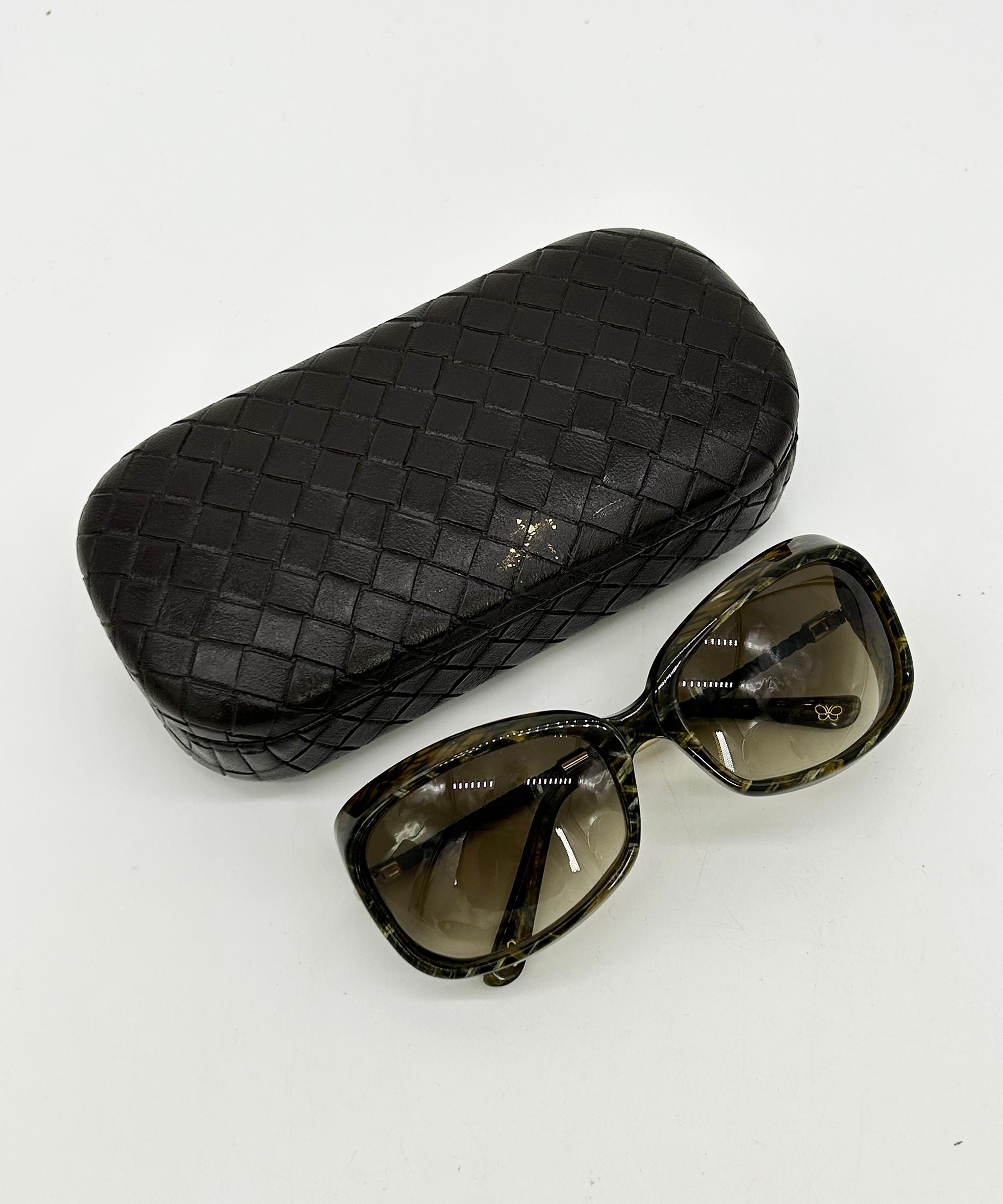 Bottega Veneta Green Frame Square Lens Woven Leather Sunglasses en venta 4