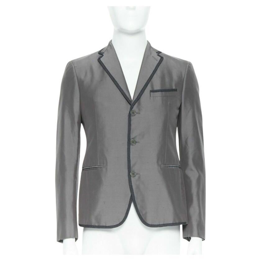 BOTTEGA VENETA green grey classic tailor cotton blazer jacket pipe trim IT48 M For Sale