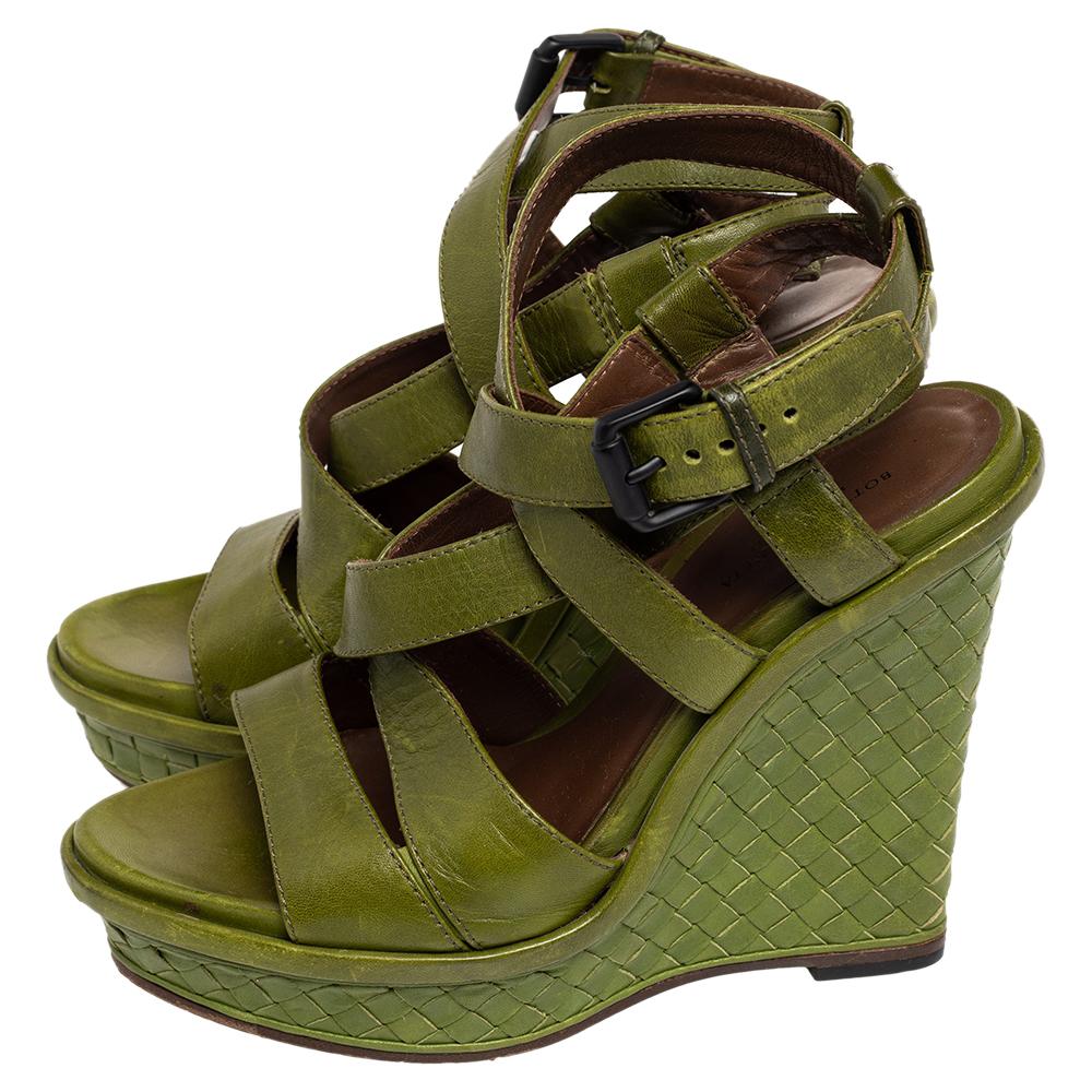 Bottega Veneta Green Intrecciato And Leather Wedge Sandals Size 38 2