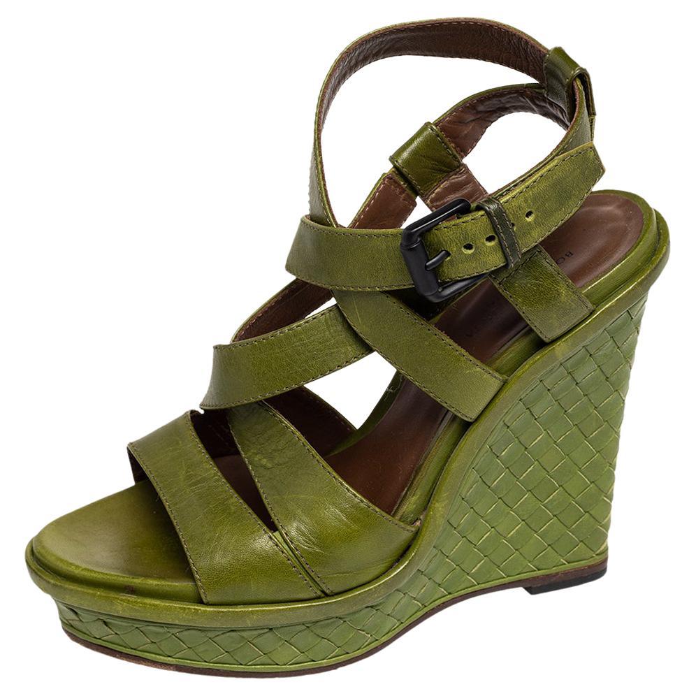 Bottega Veneta Green Intrecciato And Leather Wedge Sandals Size 38