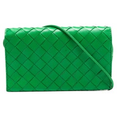Bottega Veneta Green Intrecciato Leather Flap Wallet On Strap