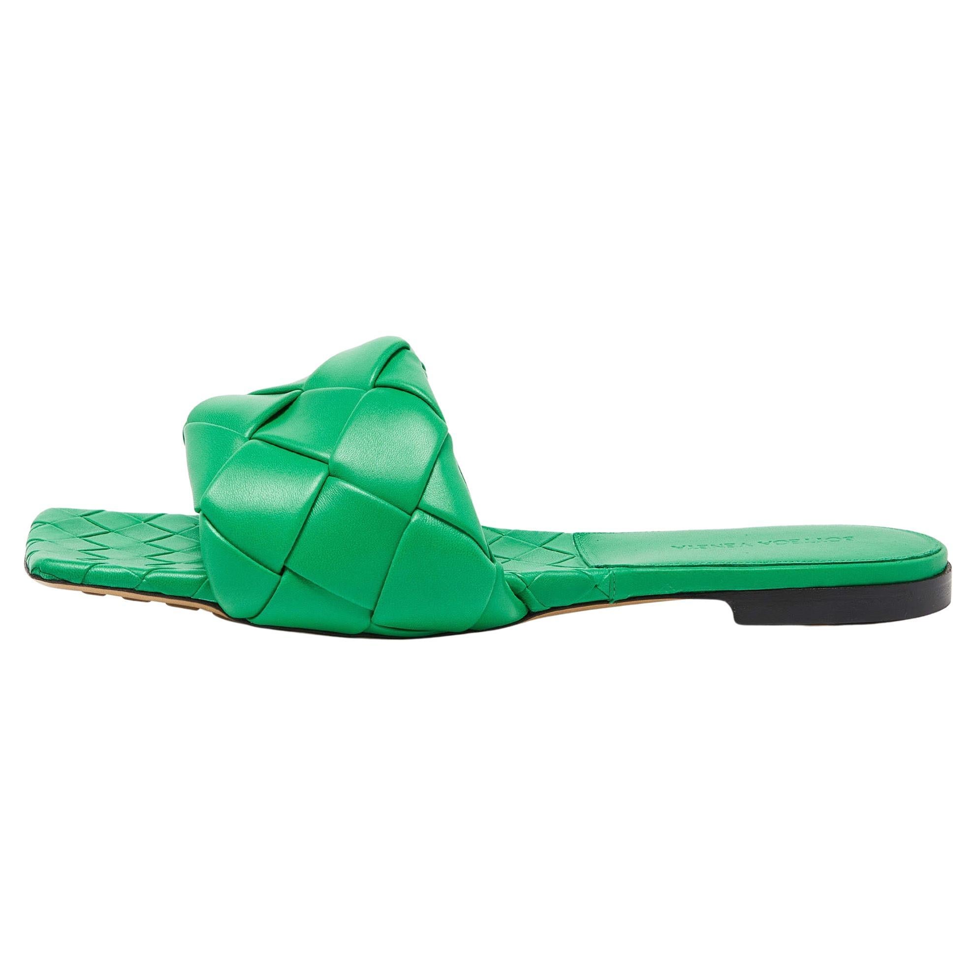 Bottega Veneta Green Intrecciato Leather Lido Slide Flats Size 42