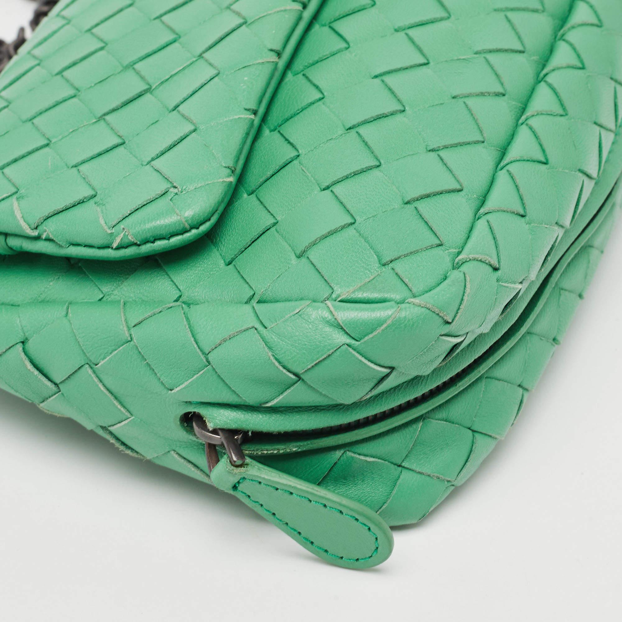 Women's Bottega Veneta Green Intrecciato Leather Mini Flap Chain Crossbody Bag