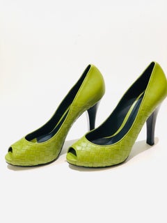 Bottega Veneta Green Intrecciato Leather Open Toes  High Heels