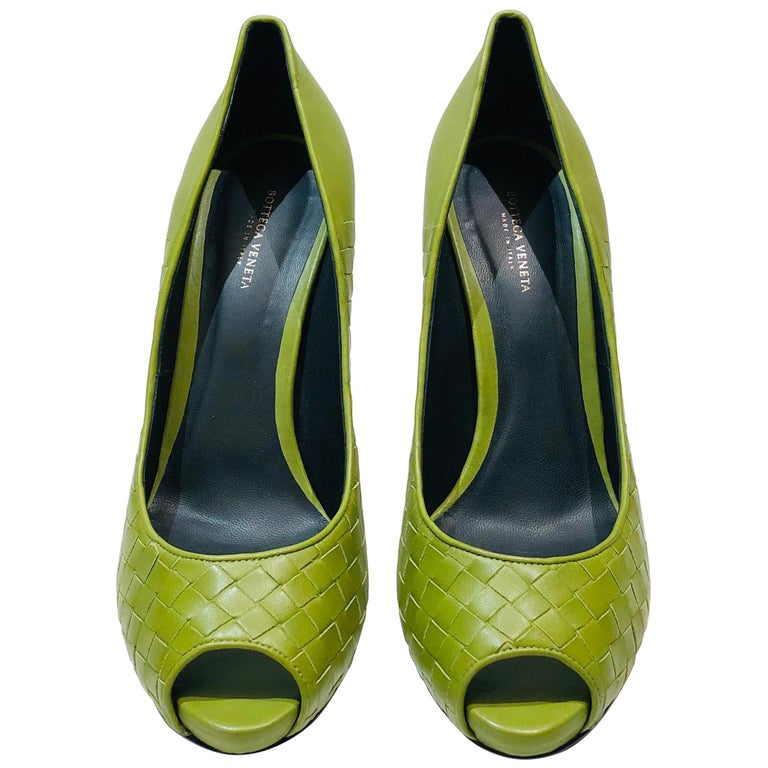 Bottega Veneta Green Intrecciato Leather Open Toes  High Heels For Sale