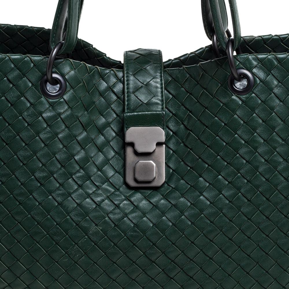 Women's Bottega Veneta Green Intrecciato Leather Shopper Tote