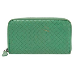 Bottega Veneta Green Intrecciato Leather Zip Around Wallet