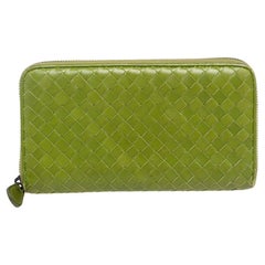 Bottega Veneta Green Intrecciato Leather Zip Around Wallet