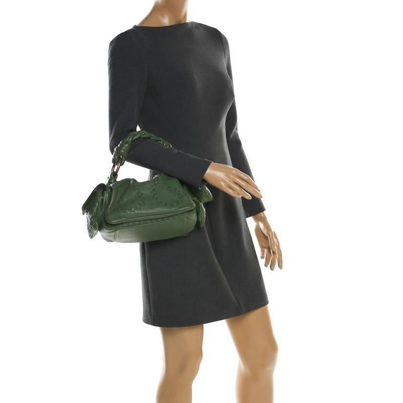 Black Bottega Veneta Green Intrecciato-Trimmed Leather Crocker Shoulder Bag