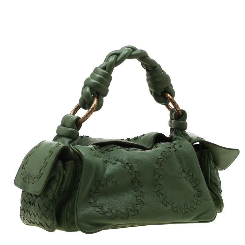 Bottega Veneta Green Intrecciato-Trimmed Leather Crocker Shoulder Bag In Good Condition In Dubai, Al Qouz 2