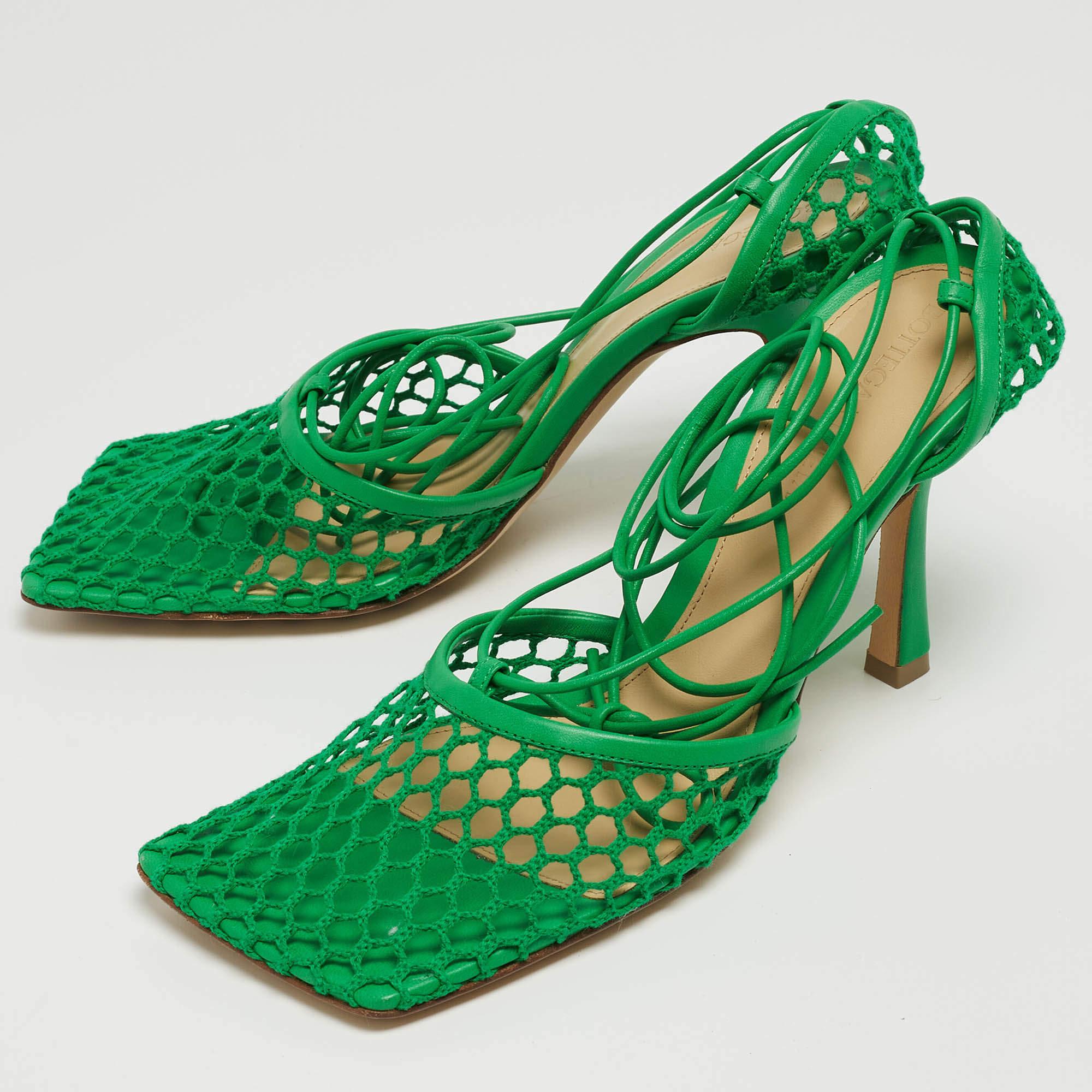 Bottega Veneta Green Mesh Stretch Ankle Tie Pumps Size 37.5 For Sale 1