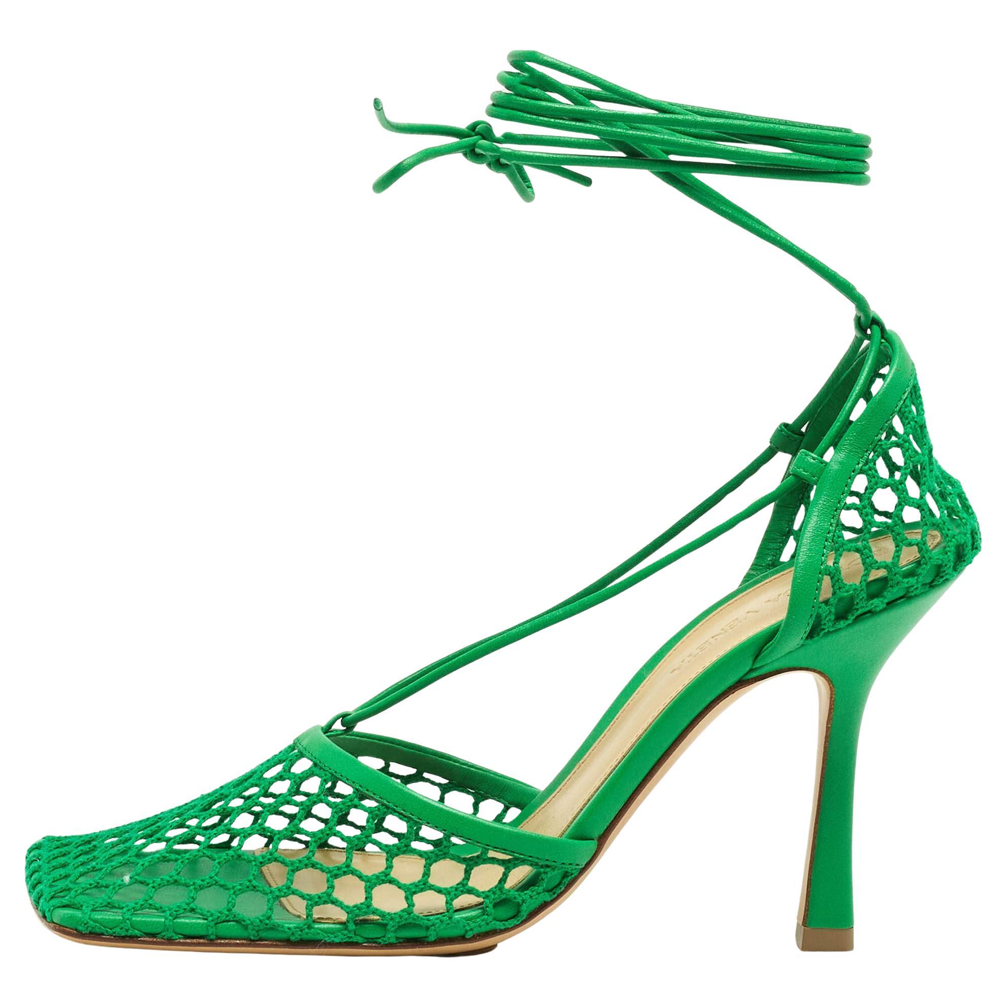 Bottega Veneta Green Mesh Stretch Ankle Tie Pumps Size 37.5 For Sale