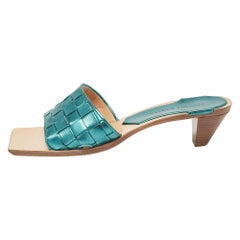Bottega Veneta Green Metallic Woven Leather Slide Sandals Size 37.5