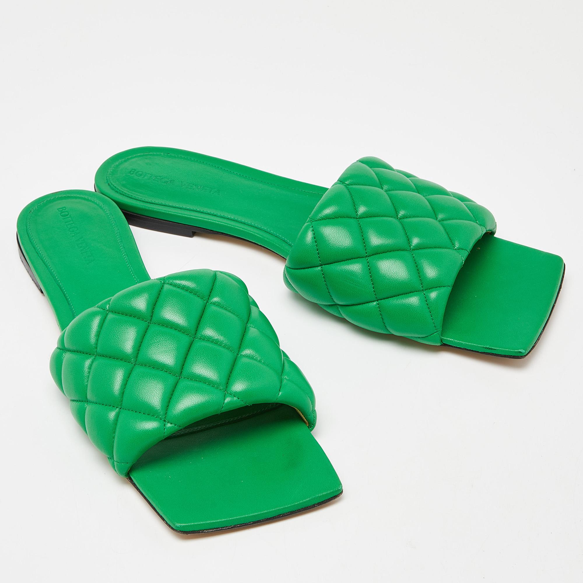 Bottega Veneta Green Padded Leather Flat Slides Size 41 2