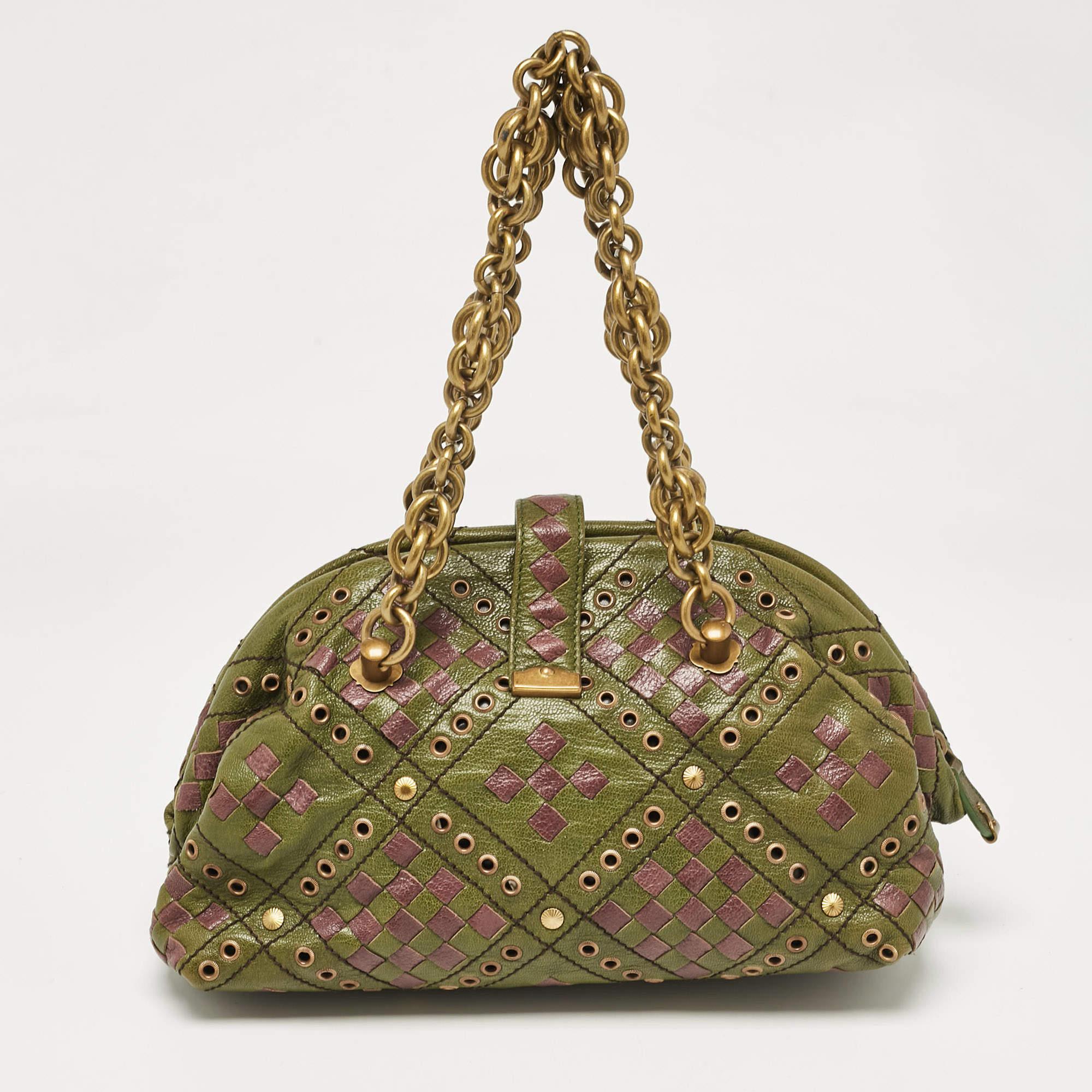Bottega Veneta Bolso Bowler de Piel Intrecciato Verde/Morado en Excelente Estado en Dubai, Al Qouz 2