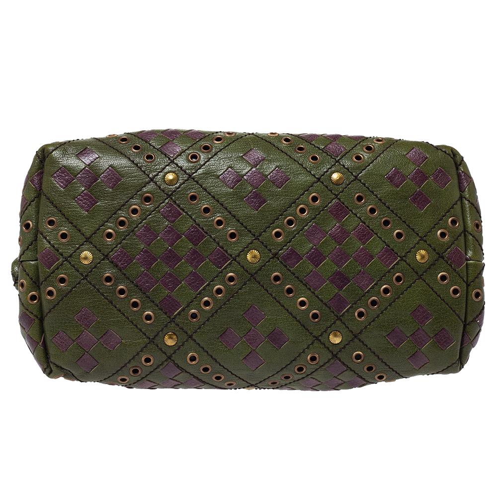 Black Bottega Veneta Green/Purple Intrecciato Woven Leather Grommet Bowler Bag