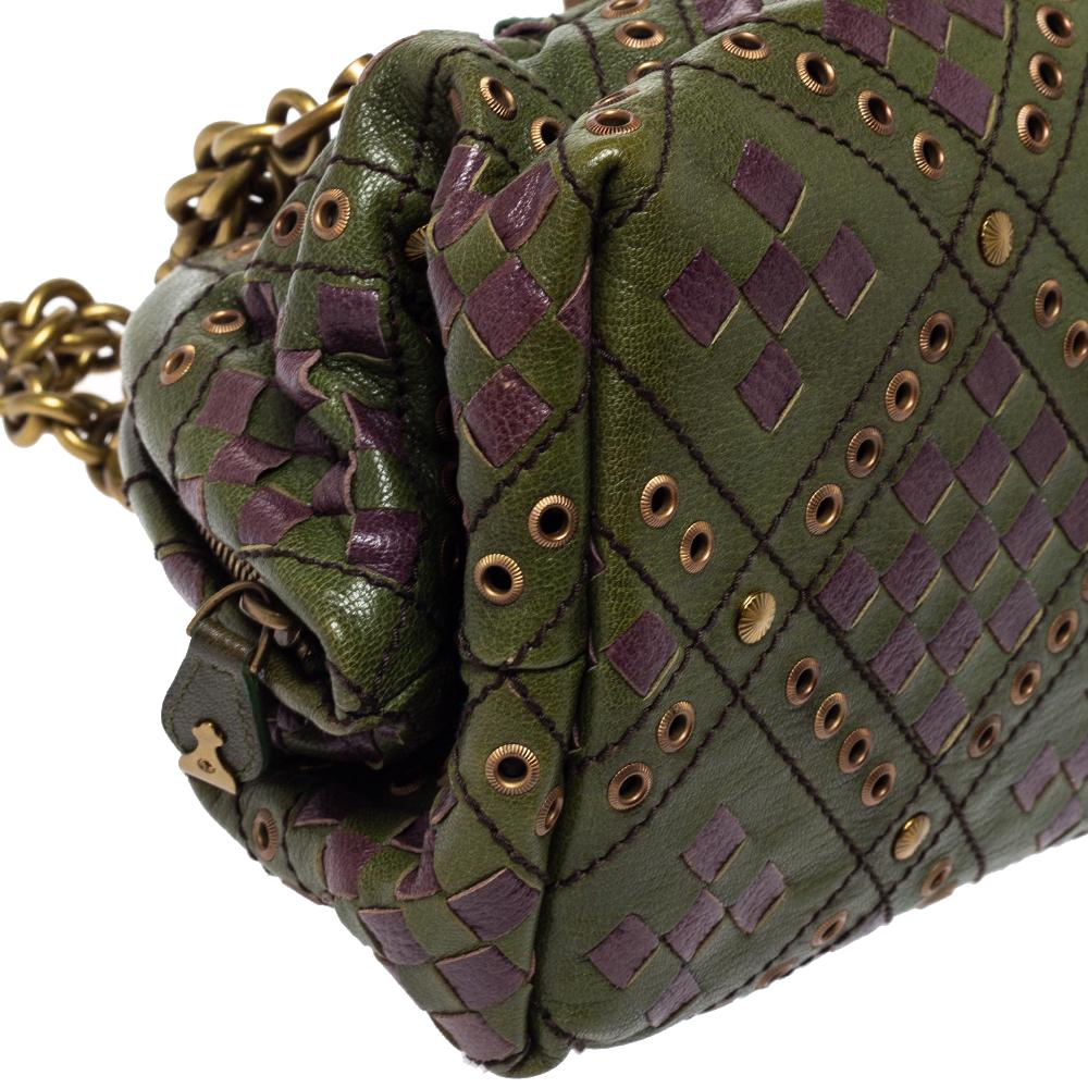 Bottega Veneta Green/Purple Intrecciato Woven Leather Grommet Bowler Bag In Good Condition In Dubai, Al Qouz 2