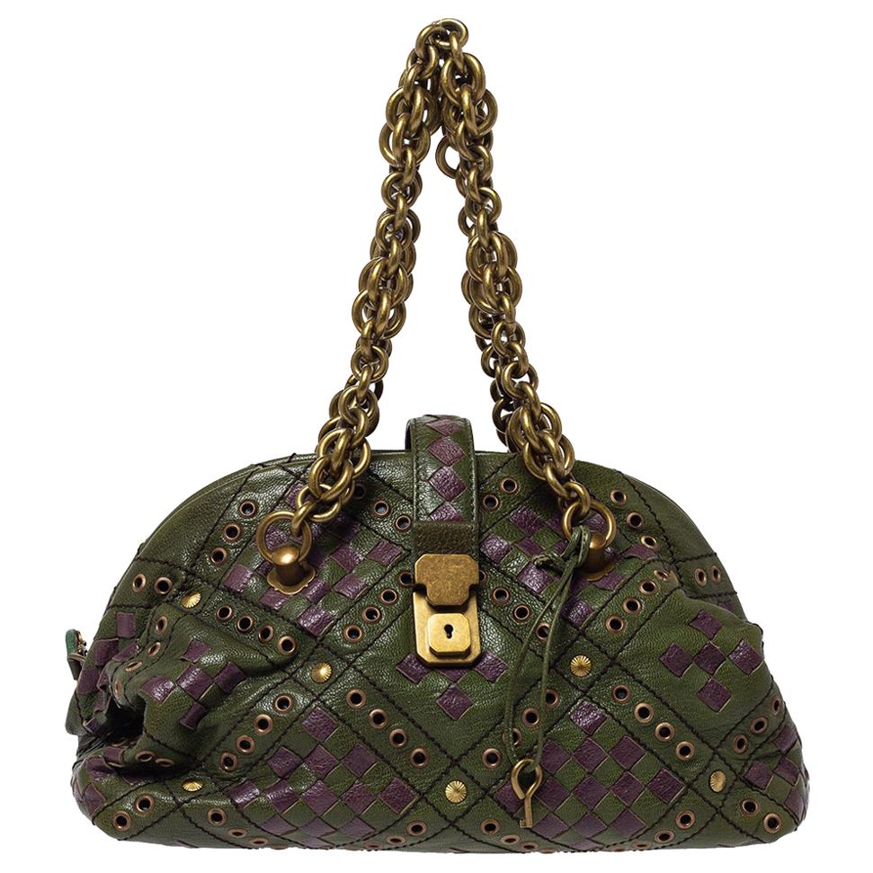 Bottega Veneta Green/Purple Intrecciato Woven Leather Grommet Bowler Bag