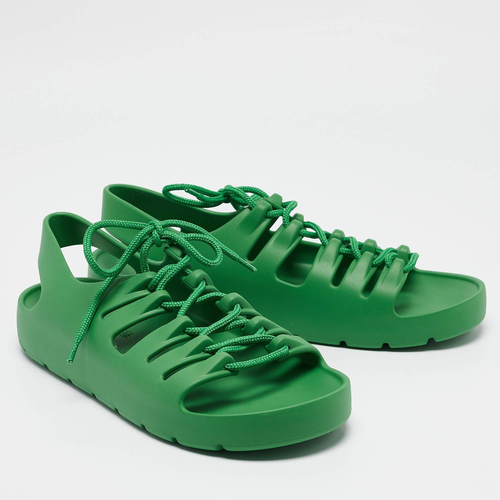Women's Bottega Veneta Green Rubber Lace Up Flat Sandals Size 41