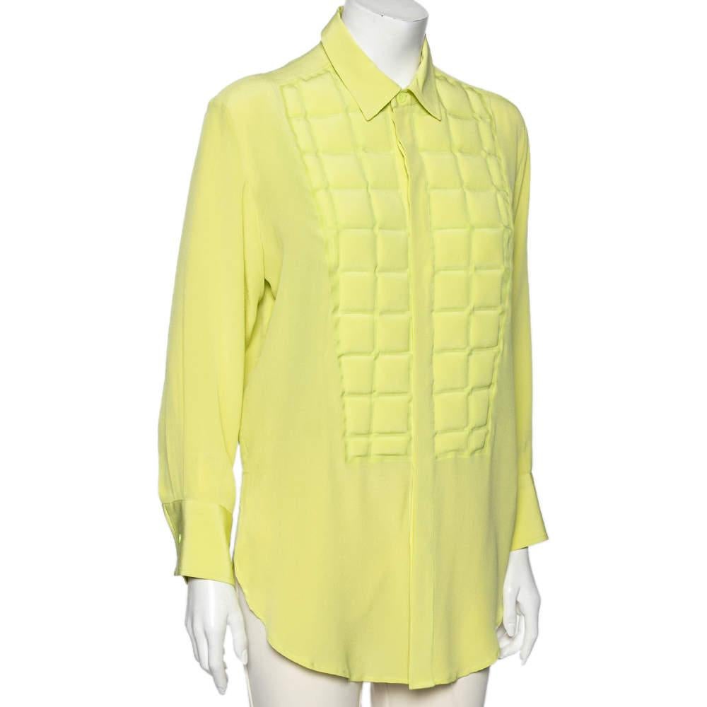 Yellow Bottega Veneta Green Silk & Quilted Plastron Detailed Tuxedo Shirt M For Sale