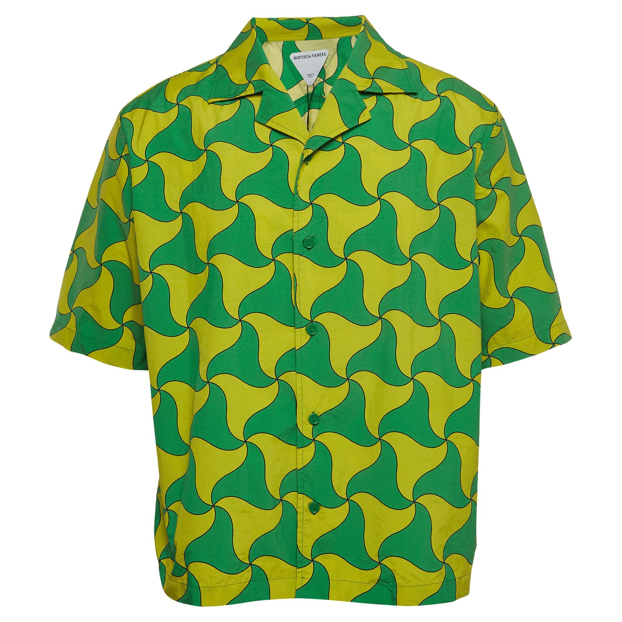 Bottega Veneta Green/Yellow Printed Nylon Bowling Shirt L For Sale