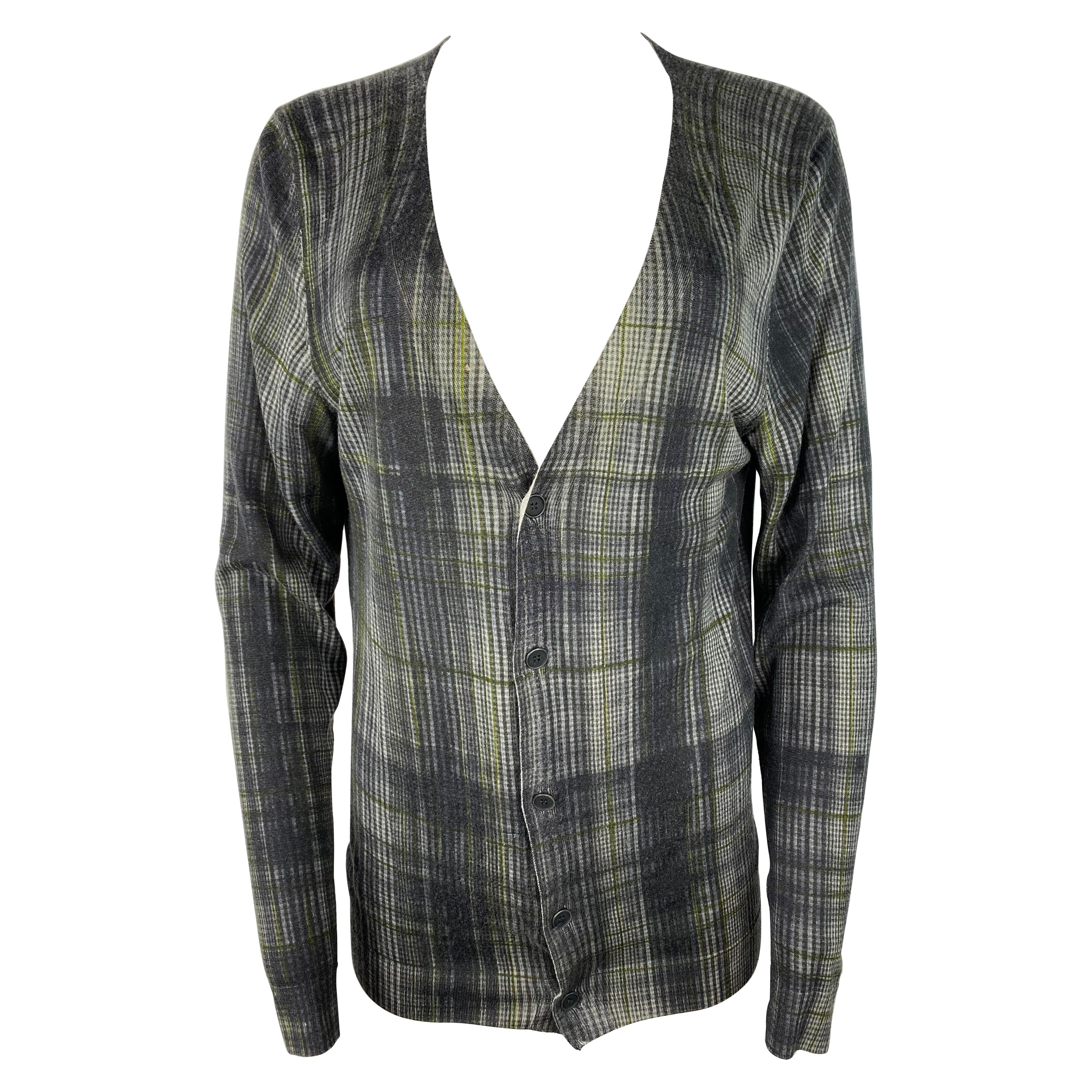 Bottega Veneta Grey and Green Cashmere and Silk Plaid Cardigan Sweater  For Sale