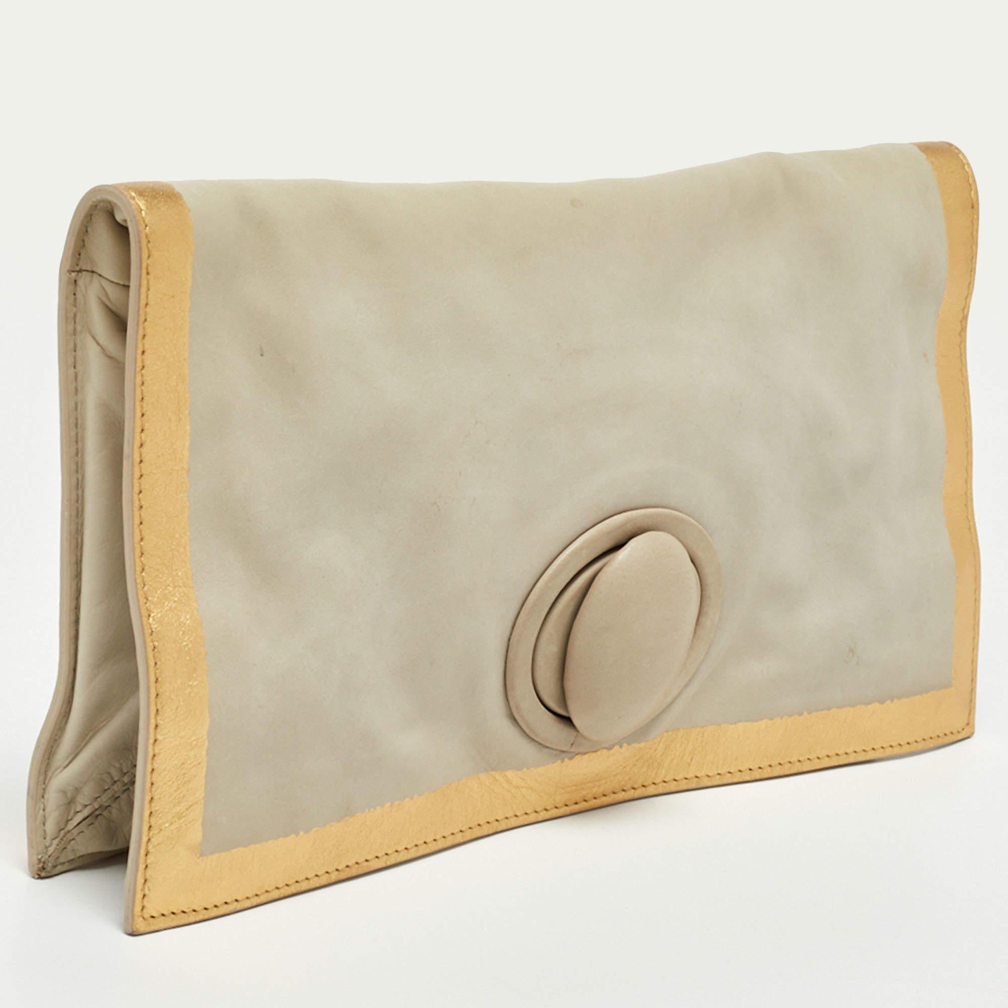 Beige Bottega Veneta Grey/Gold Leather Twist Lock Flap Clutch