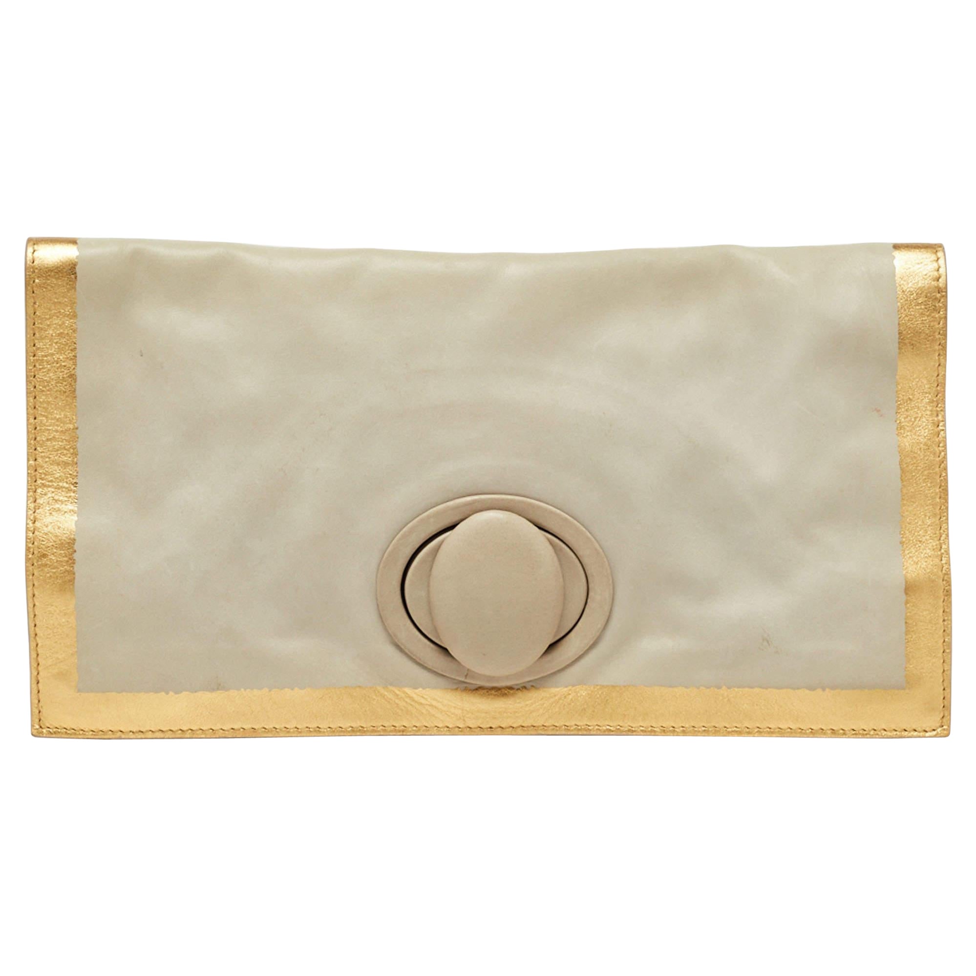 Bottega Veneta Grey/Gold Leather Twist Lock Flap Clutch