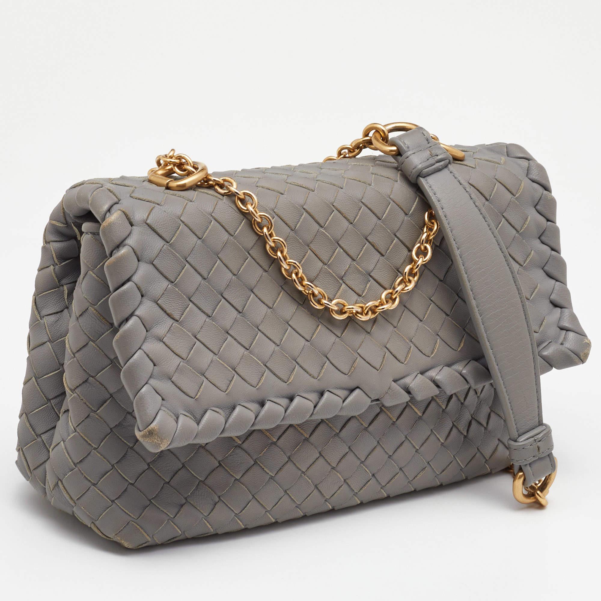 Gray Bottega Veneta Grey Intrecciato Leather Baby Olimpia Shoulder Bag