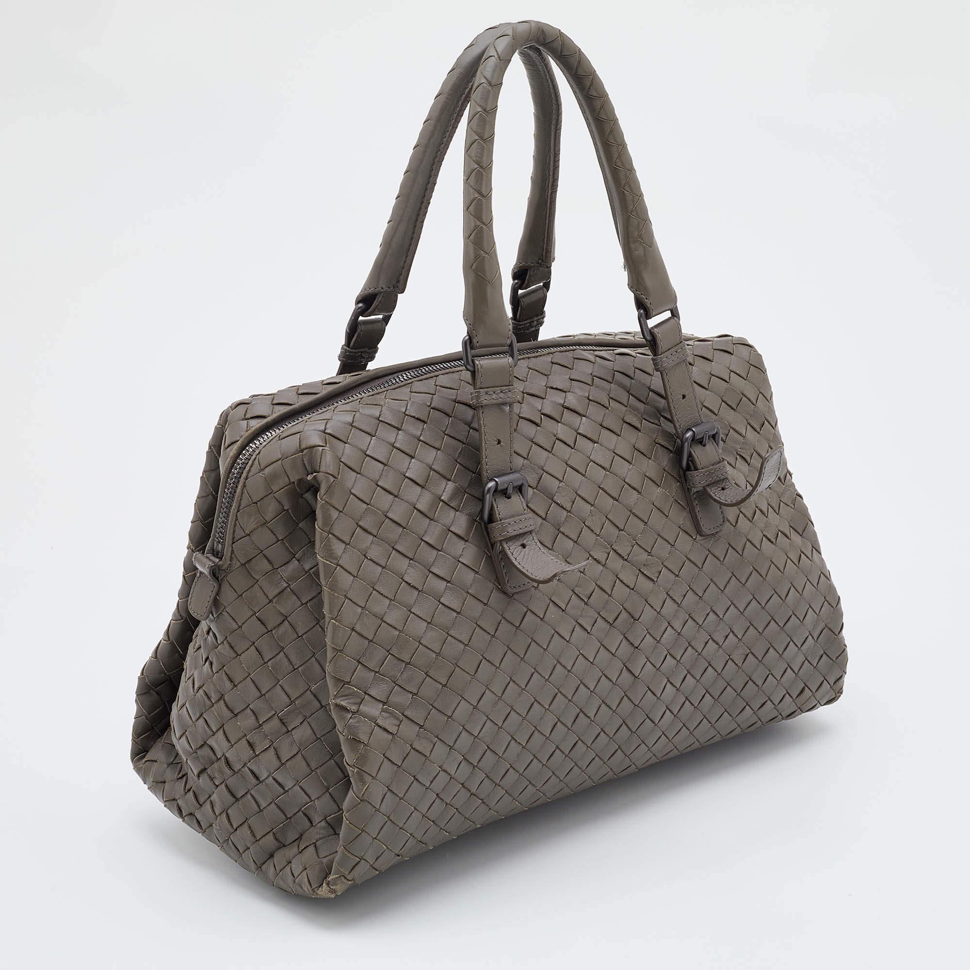 Gray Bottega Veneta Grey Intrecciato Leather Boston Zip Bag